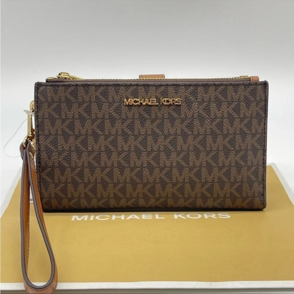 Michael Kors Large Double Zip Wallet Wristlet Leather Rich Brown
